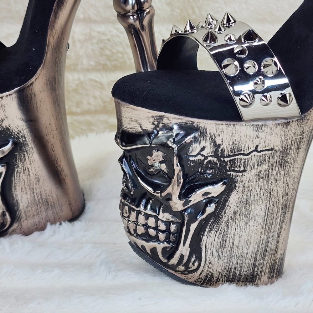 Vortex Pewter Brushed Chrome Skull & Bones Red LED Platform 8" High Heels Shoes - Picture 11 of 15